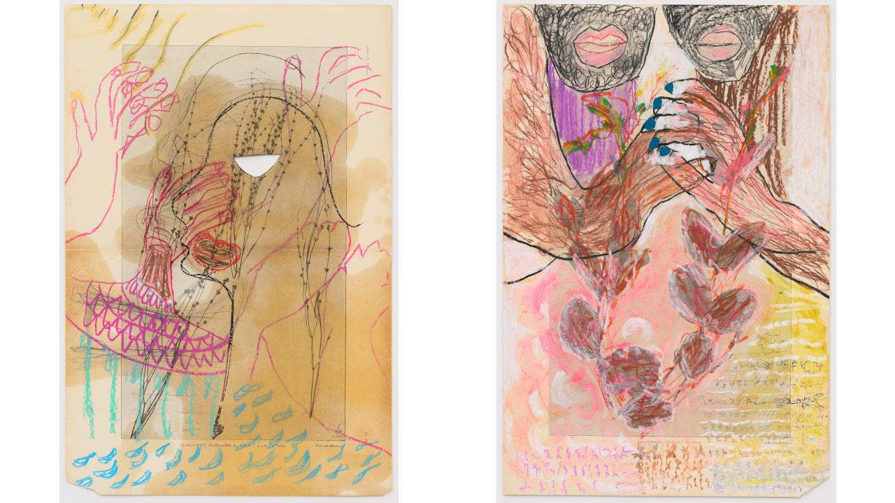 Pélagie Gbaguidi, Chaîne humaine, 2022, pastel gras, huile et crayon de couleur sur papier / wax pastel, grease and coloured pencil on paper, 55 x 36,5 cm, courtesy de l’artiste, collection Kunstmuseum Basel © Peter Cox